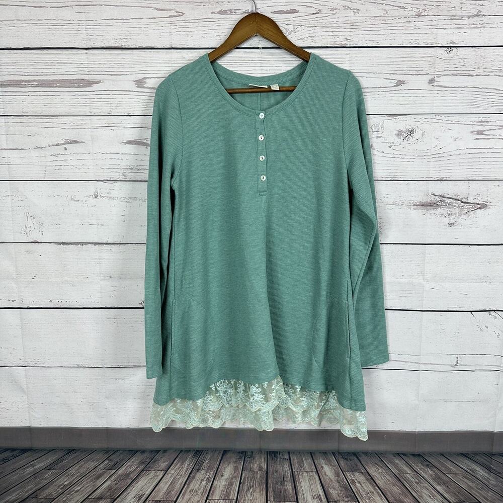 Logo Lori Goldstein Shirt Womens Large Tunic Boxy Ruffle Boho Textured Ribbed